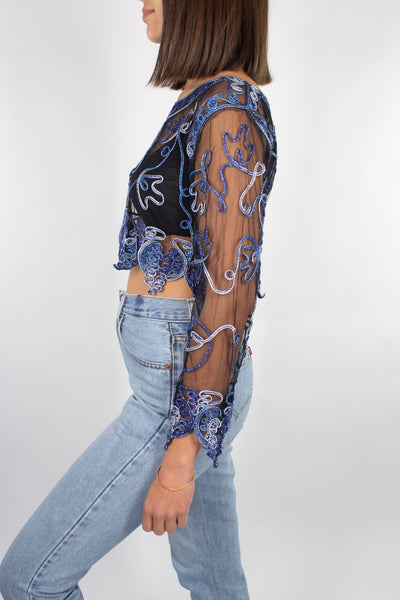 Black Mesh Midriff Top with Blue Ribbon Detail - Size XS/S/M