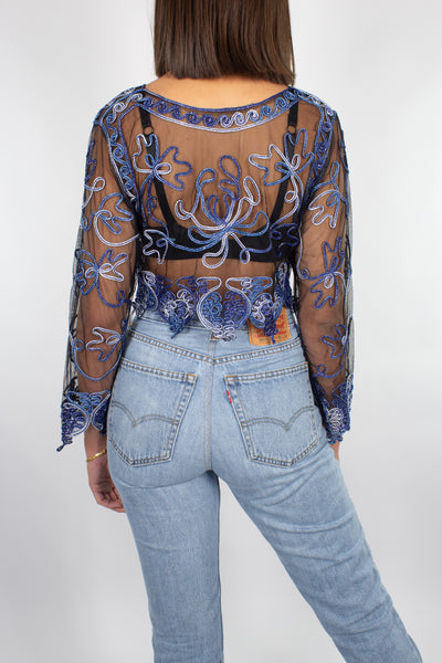 Black Mesh Midriff Top with Blue Ribbon Detail - Size XS/S/M