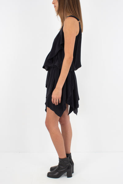 Black Silk Layered Mini Dress - Size Fits XXS/XS/S/M