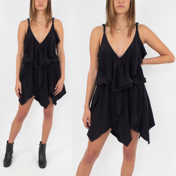Black Silk Mini Dress with Ruffled Layer - Size XS/S