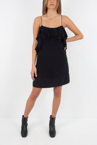 Black Silk Mini Dress with Ruffled Layer - Size XS/S