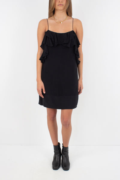 Black Silk Mini Dress with Ruffled Layer - Size XS/S