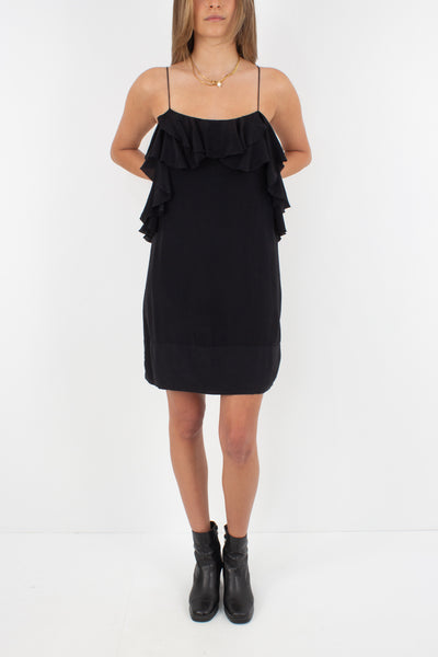 Black Silk Mini Dress with Ruffled Layer - Size XS/S