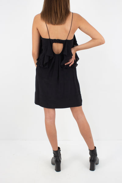 Black Silk Mini Dress with Ruffled Layer - Size XS/S