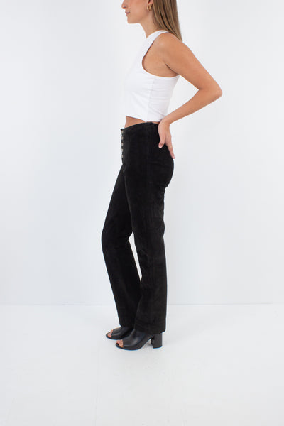 Y2K Black Suede Leather Mid Rise Pants - Size XS