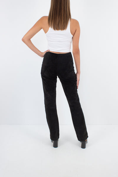 Y2K Black Suede Leather Mid Rise Pants - Size XS