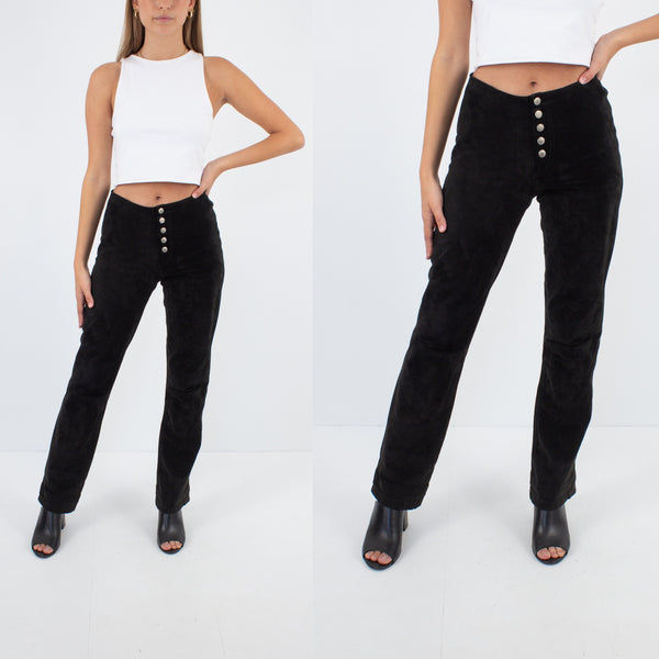 Y2K Black Suede Leather Mid Rise Pants - Size XS