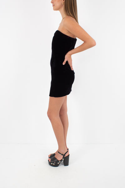 80s Black Velvet Mini Dress with Boning - Size XS/S