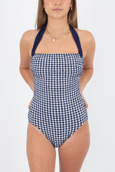 80s/90s Blue Gingham Check Halter Swimsuit One Piece - Size XS & S