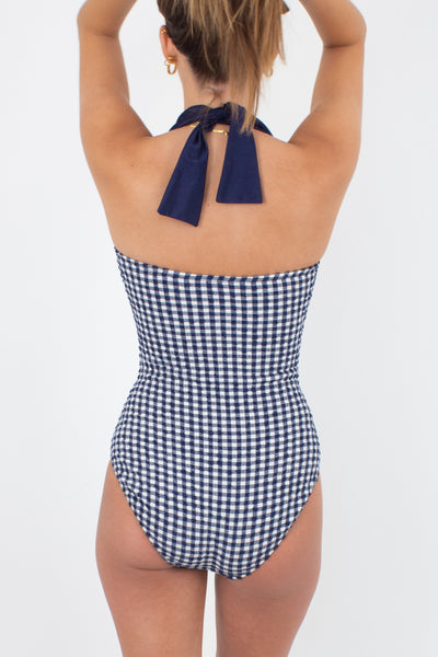 80s/90s Blue Gingham Check Halter Swimsuit One Piece - Size XS & S