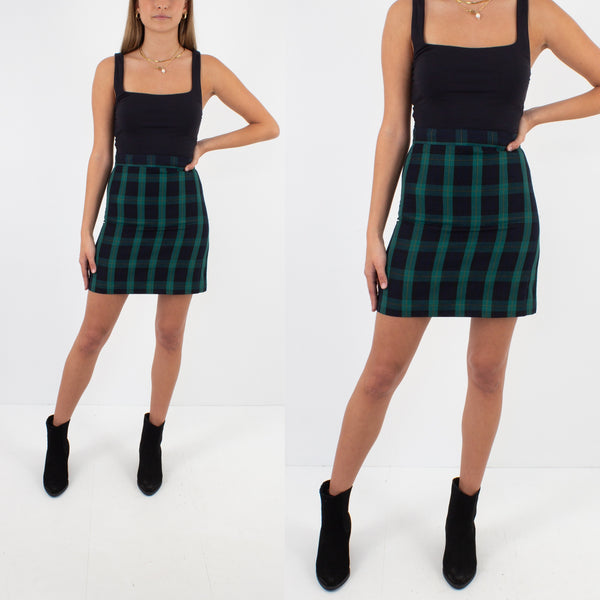 Black & Green Check Plaid Mini Skirt - Size XS / 25"