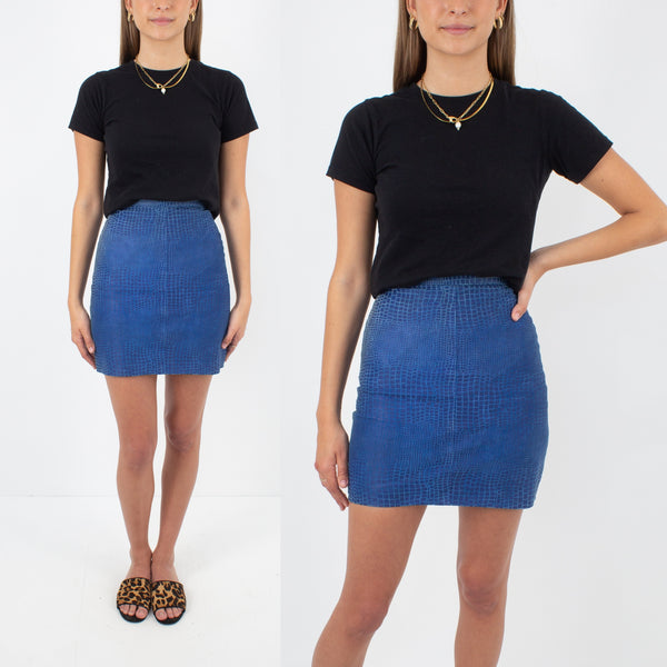 Blue Snakeskin Embossed Leather Skirt - Size XXS / 23"