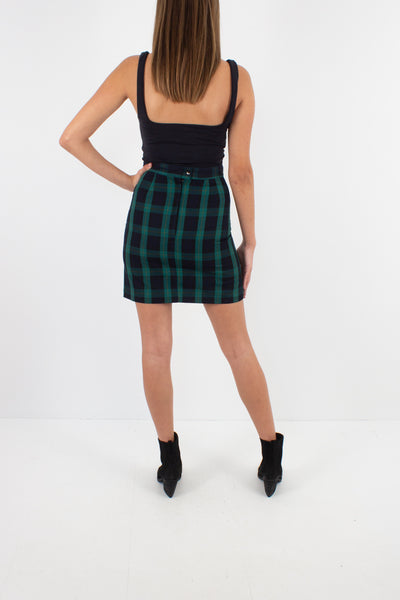 Black & Green Check Plaid Mini Skirt - Size XS / 25"