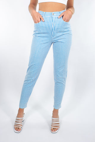 Blue & White Gingham Check Stretch Pant - Size S / 26"