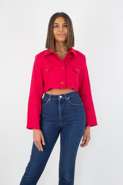 Bright Red Cropped Linen Jacket Blouse - Size XS/S