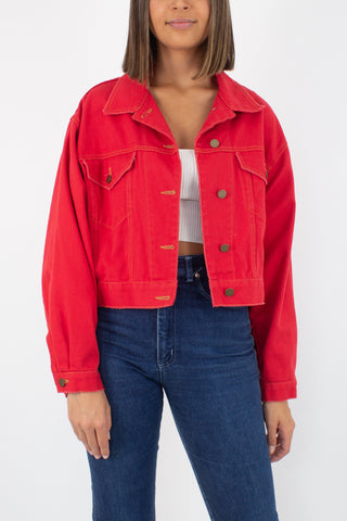 Bright Red Cropped Denim Jacket - Free Size
