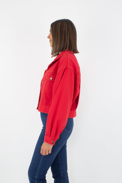 Bright Red Cropped Denim Jacket - Free Size