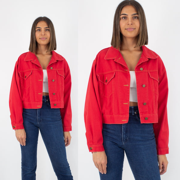 Bright Red Cropped Denim Jacket - Free Size