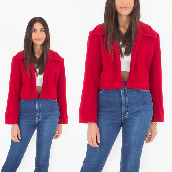 Bright Red Cropped Wool Jacket - Size M