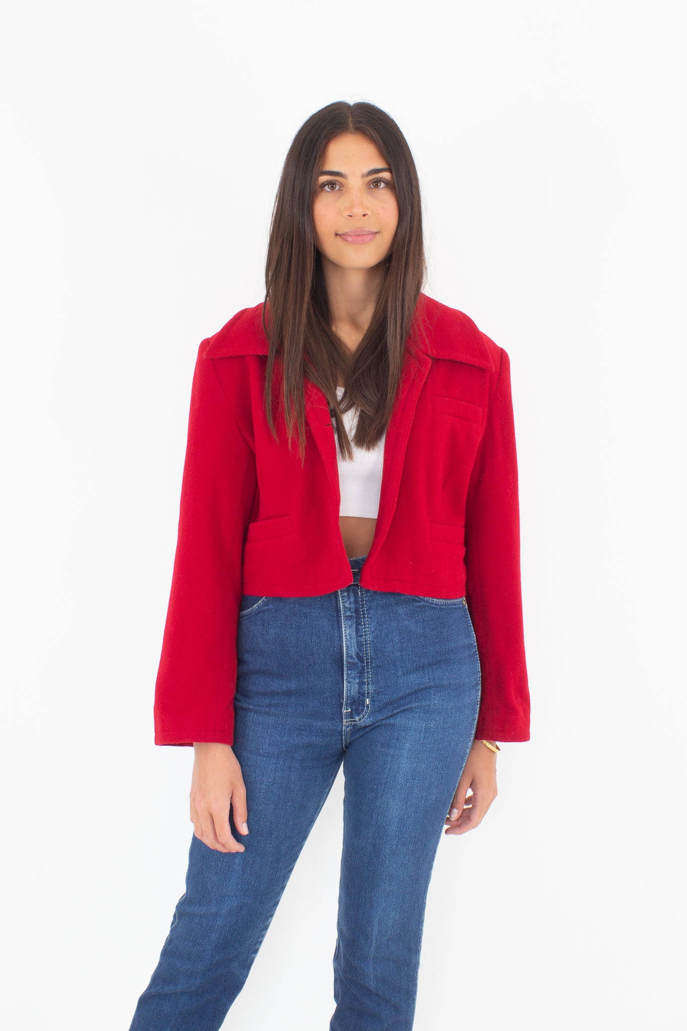 Bright Red Cropped Wool Jacket - Size M