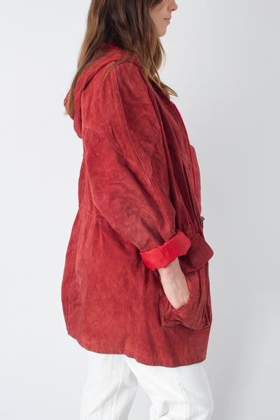 Bright Red Hooded Suede Leather Jacket - Free Size
