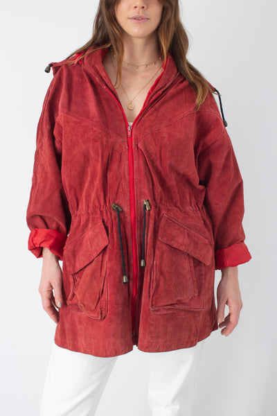 Bright Red Hooded Suede Leather Jacket - Free Size