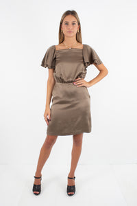Brown Silk Dress with Frill Sleeves - XXS/XS