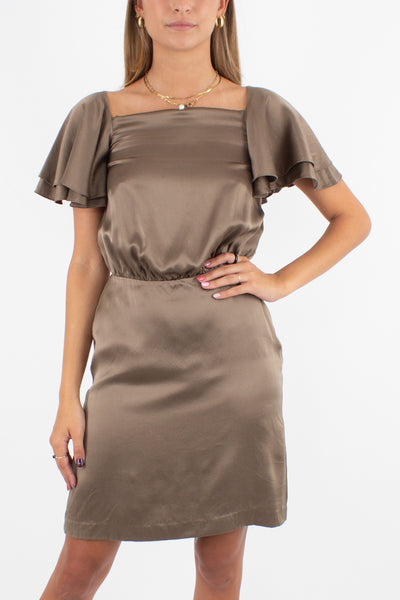 Brown Silk Dress with Frill Sleeves - XXS/XS