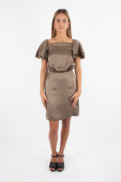 Brown Silk Dress with Frill Sleeves - XXS/XS
