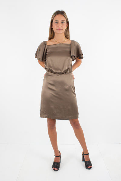 Brown Silk Dress with Frill Sleeves - XXS/XS