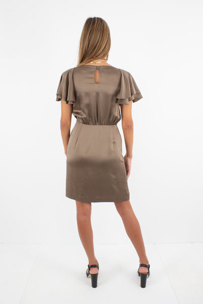 Brown Silk Dress with Frill Sleeves - XXS/XS