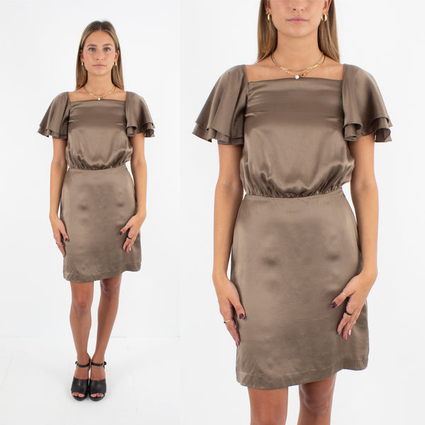 Brown Silk Dress with Frill Sleeves - XXS/XS