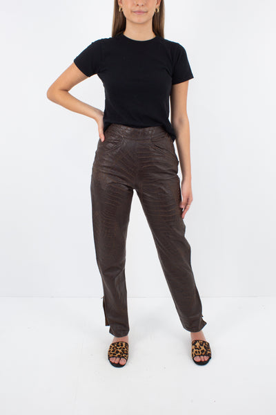 Brown Snakeskin Embossed Leather Pants - Size XS / 25"