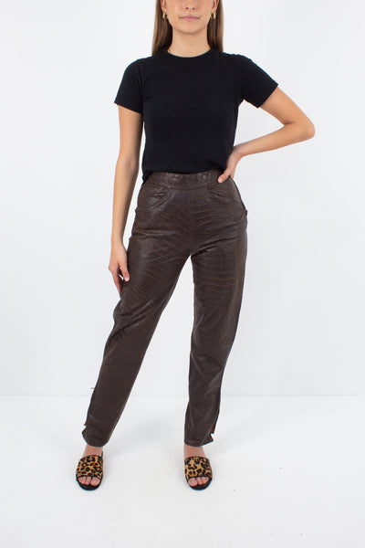 Brown Snakeskin Embossed Leather Pants - Size XS / 25"