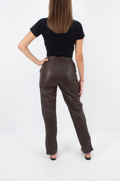 Brown Snakeskin Embossed Leather Pants - Size XS / 25"