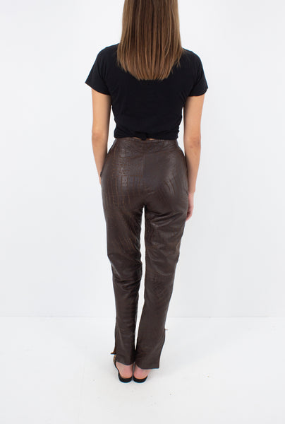 Brown Snakeskin Embossed Leather Pants - Size XS / 25"