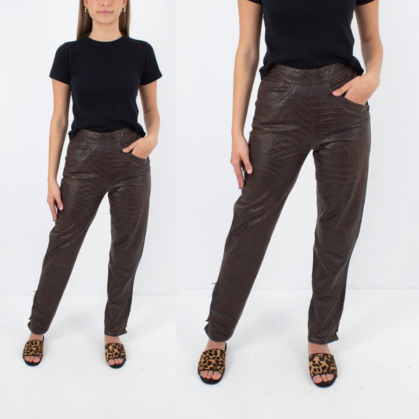 Brown Snakeskin Embossed Leather Pants - Size XS / 25"