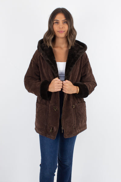 Chocolate Brown Suede Coat with Faux Fur Lining - Size XS/S/M
