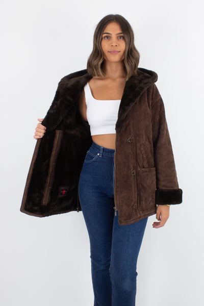 Chocolate Brown Suede Coat with Faux Fur Lining - Size XS/S/M