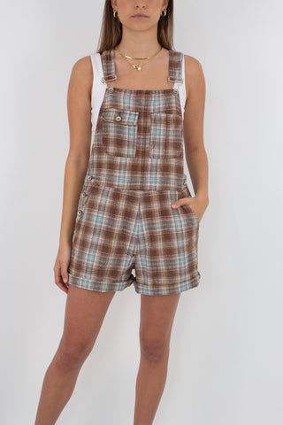 Linen Overalls in Brown Check - Size XXS/XS/S