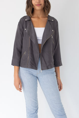 Charcoal Grey Cropped Silk Motorcycle Jacket - Size XS/S/M