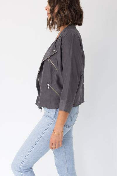 Charcoal Grey Cropped Silk Motorcycle Jacket - Size XS/S/M