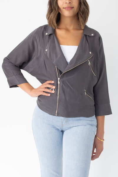 Charcoal Grey Cropped Silk Motorcycle Jacket - Size XS/S/M