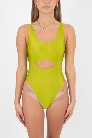 80s/90s Chartreuse Cut Out One Piece Swimsuit - Size XS & S