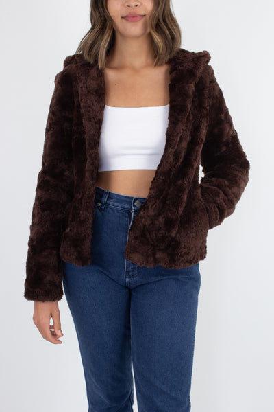 Chocolate Brown Faux Fur Hooded Jacket - Size XS/S