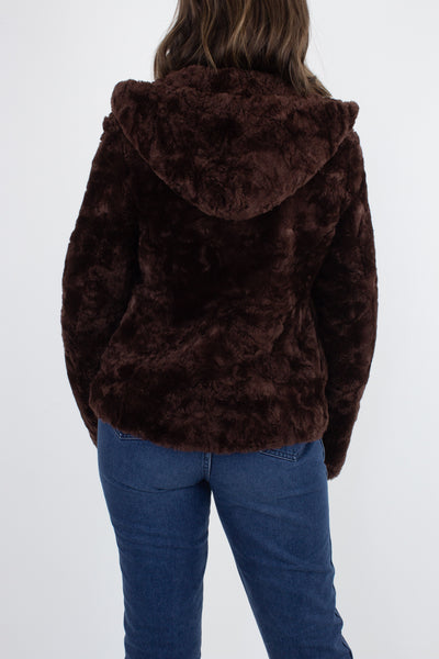 Chocolate Brown Faux Fur Hooded Jacket - Size XS/S