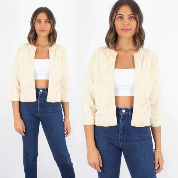 Cream Iridescent Sequinned Cardigan Jacket - Size XS/S/M