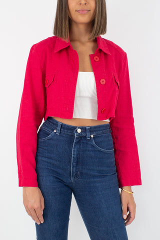 Bright Red Cropped Linen Jacket Blouse - Size XS/S