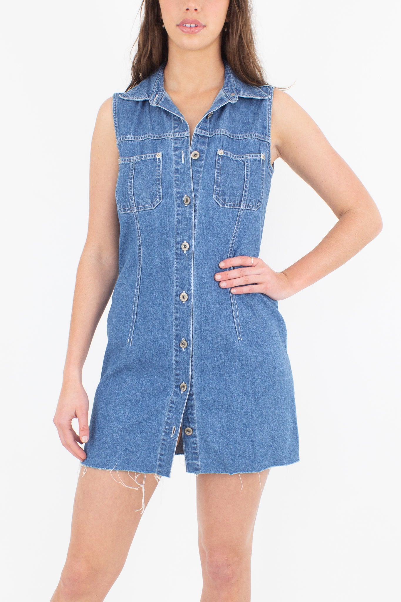 Collared Denim Mini Dress - Mid Blue - Size S/M