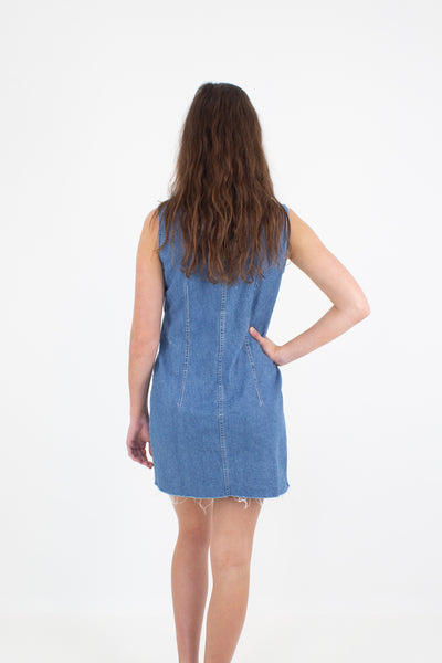 Collared Denim Mini Dress - Mid Blue - Size S/M
